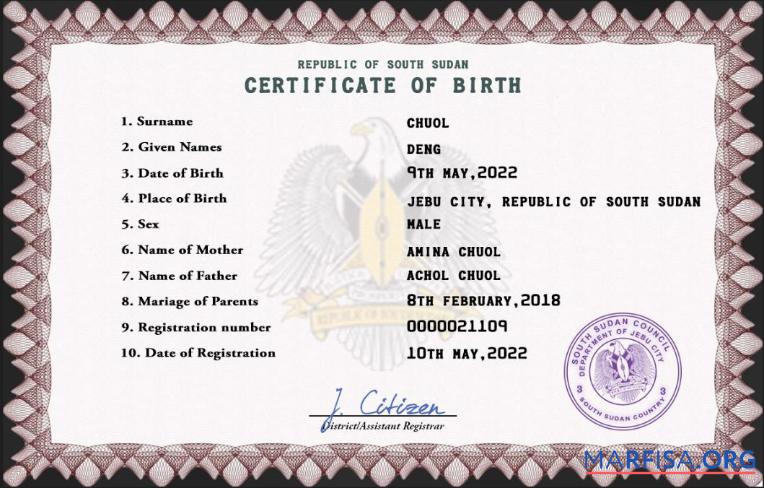 Blank South Sudan birth certificate PSD template